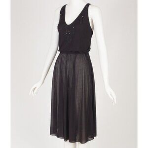 1970s Vintage Beaded Butterfly Black Jersey Cross Back Disco Dress Sz XS